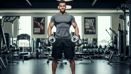 Young arabian man performing bicep curls with dumbbells in gym, bodybuilding and fitness training program footage. - Powered by Adobe