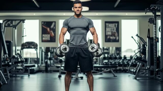 Young arabian man performing bicep curls with dumbbells in gym, bodybuilding and fitness training program footage.