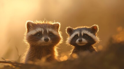 Fototapeta premium Two adorable raccoons bathed in warm golden hour sunlight, looking curiously forward