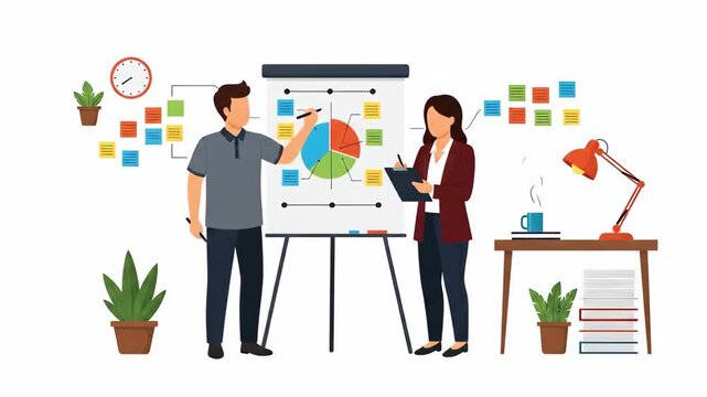 Flat vector of business people discussing pie chart on presentation board isolated on white background business strategy planning and brainstorming concept business