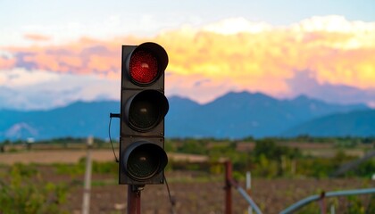 Red traffic light at sunset over mountains