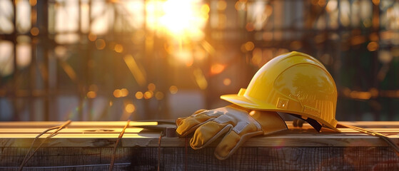Safety first at the construction site: Hard hat and gloves at sunset for a secure workspace