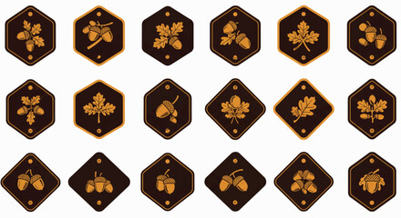 Golden oak leaves and acorns arranged in decorative badges, emblems, and symbols on a dark brown surface create a vintage and elegant aesthetic.