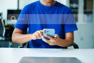 A professional man uses modern technology to manage business. Perfect for themes of innovation, AI, data analysis, and digital work.