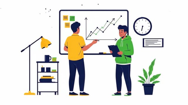 Flat vector of two colleagues are discussing a business plan in the office isolated on white background one is drawing on the whiteboard business