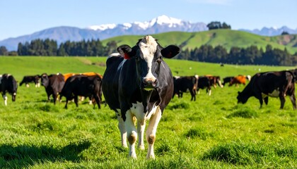 Cows grazing in a lush green field, with a backdrop of rolling hills and snow-capped mountains