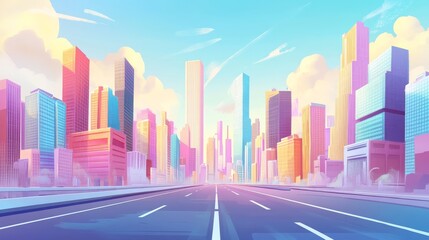 Fototapeta premium colorful cartoon style horizontal cityscape with towering skyscrapers, clean empty highway running through the center, soft cloudy sky, warm cheerful palette