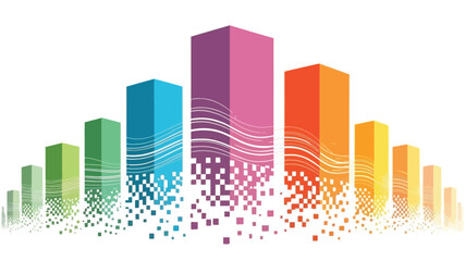 Abstract colorful digital city skyline with buildings dissolving into pixels representing data and technology growth
