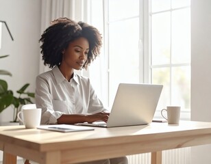 Focused Woman Working on Laptop at Bright Desk with Natural Light