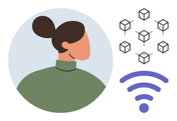 Female figure facing blockchain cubes and wireless signal icons. Ideal for technology, blockchain, communication, digital connection, innovation, networking, internet usage, simple flat metaphor