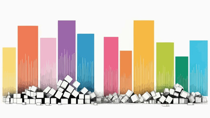 Colorful 3d bar chart with scattered cubes at the base representing data analysis and financial growth concepts