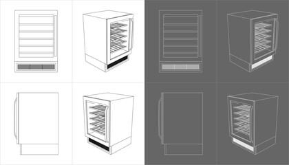 Wine cooler blueprint vector illustration — technical drawing refrigerator line art isolated