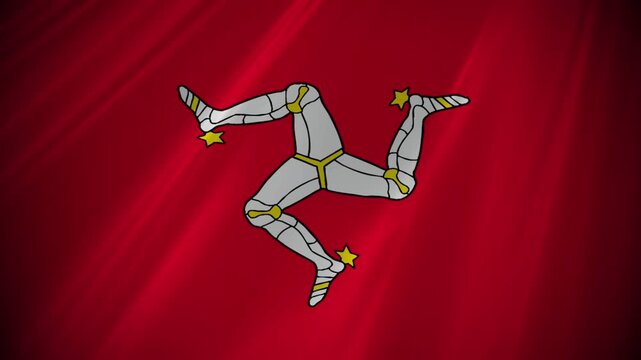 The flag of the Isle of Man Manx  coat of arms triskelion, composed of three armoured legs with golden spurs, upon a red background 4K animation blowing proudly in the wind