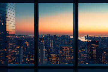 Modern city skyline view from highrise office window at golden sunset showcasing urban architecture and glowing city lights