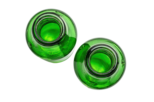 Two green bottles, top view