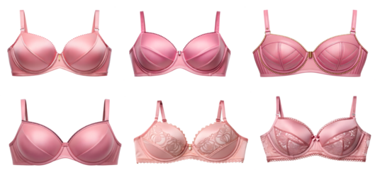 Elegant selection of six stylish pink bras offering varied designs and sensuous lingerie options ready for fashionable women?s apparel needs.