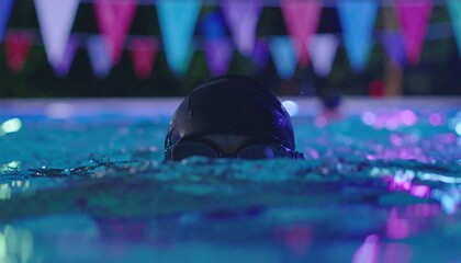 Swimmer in Pool Goggles Swimming in Water Nighttime Lighting