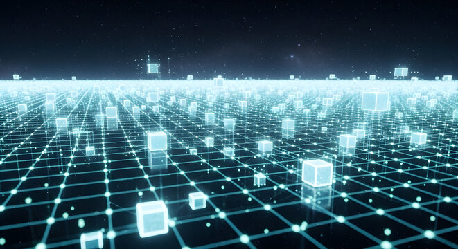 A futuristic digital grid with glowing cubes floating in a vast, dark expanse, representing data or technology.