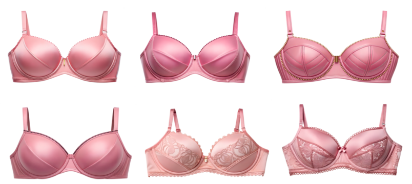 Elegant selection of six stylish pink bras offering varied designs and sensuous lingerie options ready for fashionable women?s apparel needs.