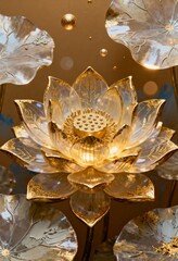 Golden Lotus: A mesmerizing depiction of a radiant golden lotus flower, its delicate petals crafted from luminous glass, gracefully surrounded by other lotus leaves.