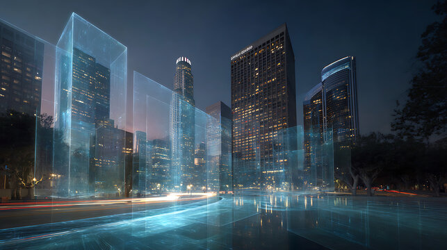 Futuristic city skyline with digital overlay at night in downtown los angeles