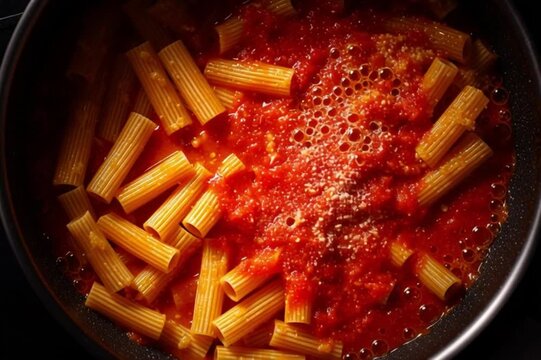 Cooking pasta with tomato sauce