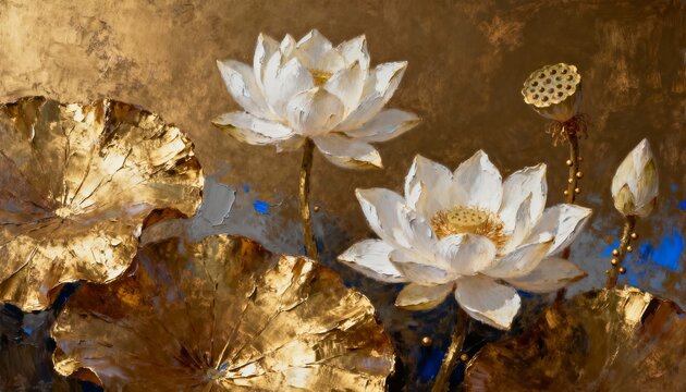 Golden Lotus Blossoms: An exquisite composition features delicate white lotus flowers and intricate golden leaves, exuding a sense of serene opulence and tranquility.