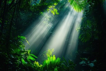 Vibrant tropical rainforest jungle scene captures golden sunbeam light piercing through dense canopy illuminating lush green foliage creating serene mystical forest ambiance