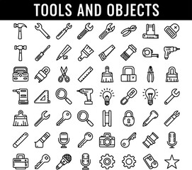 Tools and Objects Vector Line Icons Collection: Industrial Equipment, Household Items, and DIY Essentials Set