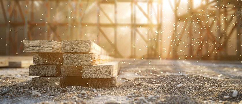 Lumber stack on construction site with wooden beams and golden sparkling dust creating a warm and