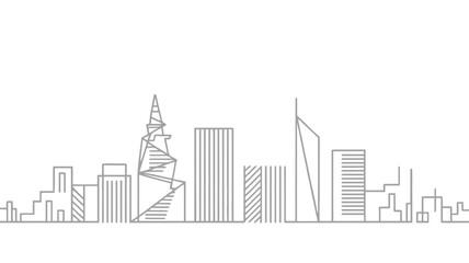 Minimalist line drawing of a modern city skyline with tall buildings and unique architectural structures against a white background