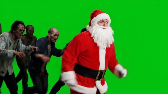 Santa Claus Running from Zombies on Green Screen - In a comical scene, Santa Claus is running away from a group of zombies.