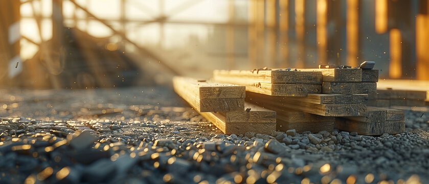 Sunlit Wooden Planks and Gravel at a Construction Site at Golden Hour showing construction materials