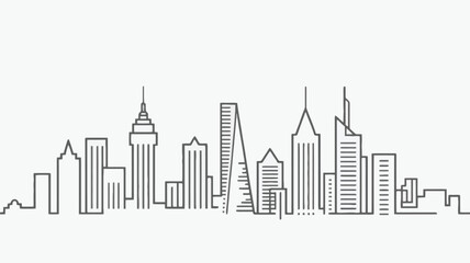 Minimalist hand drawn line art illustration of a modern city skyline with diverse skyscrapers against a clean white background