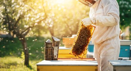 Beekeeper Inspecting Honeycomb Frame in Apiary with Protective Suit and Bee Smoker Sunny Day Beekeeping Practice