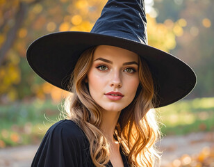 Beautiful young woman wearing black Halloween witch hat costume, outside dressed up for Halloween, trees with orange leaves at fall foliage in background, female model with pretty face and blonde hair