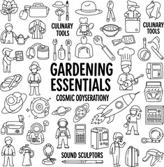 Hand-drawn doodle set of various themes including gardening, culinary tools, and cosmic elements. Black and white vector illustration.
