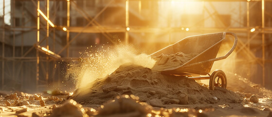 Wheelbarrow resting on a pile of sand at a construction site with bright sunlight, showcasing hard