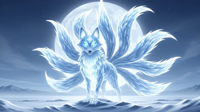 An ethereal glowing nine-tailed fox spirit standing in the snow in front of a full moon