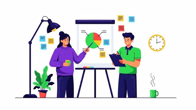 Flat vector of two colleagues are discussing a pie chart on a whiteboard, brainstorming ideas, and working together isolated on white background business