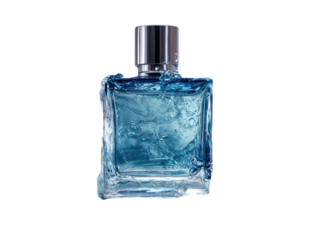 A blue perfume bottle, icy texture