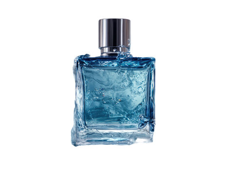 A blue perfume bottle, icy texture