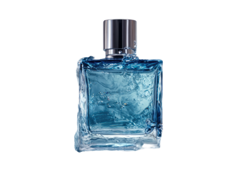 A blue perfume bottle, icy texture