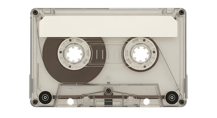 Fototapeta premium Vintage transparent audio cassette tape with magnetic reels isolated on a clean white background. Retro music and sound recording technology