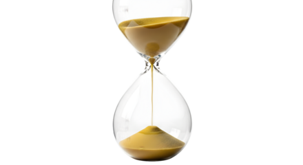 A classic glass hourglass with golden sand measuring the passage of time, symbolizing deadlines, urgency, and the constant flow of moments on a white background