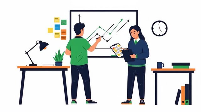 Flat vector of two colleagues are working on a project, one is presenting a chart, and the other is taking notes on a clipboard business