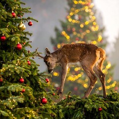 Fawn near decorated Christmas trees