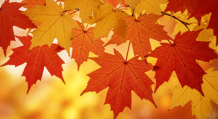 Fototapeta premium Red and yellow maple leaves, autumnal foliage, vibrant fall colors, showcasing nature's beauty and seasonal change, ideal for fall-themed designs