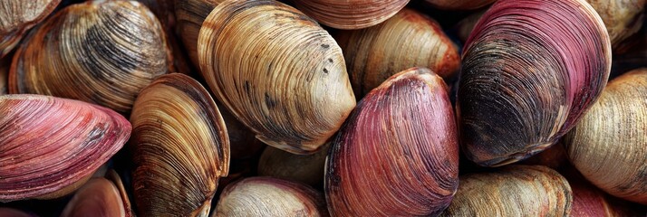 Close-up shot of clams arranged as a textured backdrop, featuring natural ridges and soft curves. Subtle neutral colors emphasize organic seaside beauty.