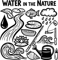 Monochrome Collection of Water and Nature Icons with River, Rain, Fish, Waves, and Aquatic Elements